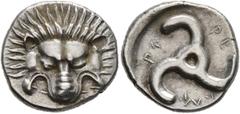 Greek DYNASTS OF LYCIA. Perikles, circa 380-360 BC. 1/3 Stater (Silver, 15 mm, 2.77 g), Limyra. Facing lion's scalp. Rev. 𐊓𐊁-𐊕𐊆-𐊋𐊍𐊁 ('Perikle' in Lycian) Triskeles. BMC 157 var. Müseler VIII, 4
