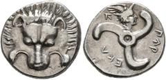 Greek DYNASTS OF LYCIA. Perikles, circa 380-360 BC. 1/3 Stater (Silver, 16 mm, 2.97 g). Facing lion's scalp. Rev. 𐊓𐊁𐊕-𐊆𐊋𐊍-𐊁 ('Perikle' in Lycian) Triskeles; above, head of Hermes wearing winged