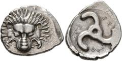 Greek DYNASTS OF LYCIA. Perikles, circa 380-360 BC. 1/3 Stater (Silver, 18 mm, 2.77 g), Limyra. Facing lion's scalp. Rev. 𐊓𐊁-𐊕𐊆-𐊋𐊍𐊁 ('Perikle' in Lycian) Triskeles. BMC 157 var. Müseler VIII, 4