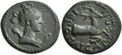 Roman Provincial LYDIA. Hierocaesaraea. Pseudo-autonomous issue. Hemiassarion (Bronze, 17 mm, 3.04 g, 12 h), time of Trajan to Hadrian, 98-138. Draped bust of Artemis to right; bow in front and quiver