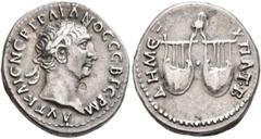 Roman Provincial LYCIA. Trajan, 98-117. Drachm (Silver, 20 mm, 3.53 g, 6 h), 98-99. AΥT KAIC NEΡ TΡAIANOC CEB ΓEΡM Laureate head of Trajan to right. Rev. ΔHM EΞ ΥΠAT B Two lyres; above, owl standing f