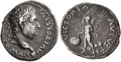 Roman Imperial Vitellius, 69. Denarius (Silver, 19 mm, 3.54 g, 7 h), Tarraco (?). A VITELLIVS [IMP] GERMAN Laureate head of Vitellius to left, with palm and globe at point of bust. Rev. VICTORIA AVGVS