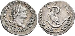 Roman Imperial Titus, 79-81. Denarius (Silver, 19 mm, 3.40 g, 6 h), Rome, 80. IMP TITVS CAES VESPASIAN AVG P M Laureate head of Titus to right. Rev. TR P IX IMP XV COS VIII P P Dolphin coiled around a
