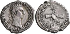 Roman Imperial Nerva, 96-98. Denarius (Silver, 18 mm, 3.54 g, 7 h), Rome, 97. IMP NERVA CAES AVG P M TR P COS III P P Laureate head of Nerva to right. Rev. CONCORDIA EXERCITVVM Clasped hands, holding 
