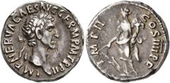 Roman Imperial Nerva, 96-98. Denarius (Silver, 18 mm, 3.64 g, 6 h), Rome, 98. IMP NERVA CAES AVG GERM P M TR P II Laureate head of Nerva to right. Rev. IMP II COS IIII P P Fortuna standing front, head