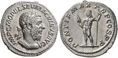 Roman Imperial Macrinus, 217-218. Denarius (Silver, 20 mm, 2.99 g, 12 h), Rome, 217. IMP C M OPEL SEV MACRINVS AVG Laureate and cuirassed bust of Macrinus to right. Rev. PONTIF MAX TR P COS P P Jupite