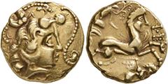Greek CELTIC, Northwest Gaul. Veneti. 2nd century BC. Stater (Gold, 19 mm, 7.49 g, 6 h). Celticized head of Apollo to right, with strings of pearls ending in miniature human heads coming out of his ow