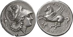 Greek SICILY. Syracuse. Agathokles, 317-289 BC. Stater (Silver, 22 mm, 8.49 g, 9 h), circa 317-306/5. Head of Athena to right, wearing crested Corinthian helmet decorated with griffin springing right;