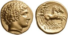 Greek KINGS OF MACEDON. Philip II, 359-336 BC. Stater (Gold, 17 mm, 8.57 g, 12 h), Pella, struck under Philip II or Alexander III, circa 340-328. Laureate head of Apollo to right. Rev. ΦΙΛΙΠΠOY Chario