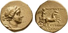 Greek IONIA. Magnesia ad Maeandrum. Circa 130-120 BC. Stater (Gold, 17 mm, 8.46 g, 12 h), Euphemos, son of Pausanias. Draped bust of Artemis to right, wearing stephane and pendant earring and with her