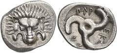 Greek DYNASTS OF LYCIA. Perikles, circa 380-360 BC. 1/3 Stater (Silver, 19 mm, 2.80 g). Facing lion's scalp. Rev. 𐊓𐊁𐊕-𐊆𐊋-𐊍𐊁 ('Perikle' in Lycian) Triskeles. BMC 157. Müseler VIII, 49. SNG von A