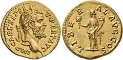 Roman Imperial Septimius Severus, 193-211. Aureus (Gold, 21 mm, 7.08 g, 12 h), Rome, 193. IMP CAE•L•SEP•SEV•PERT AVG Laureate head of Septimius Severus to right. Rev. LIBERAL•AVG COS Liberalitas stand