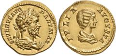 Roman Imperial Septimius Severus, 193-211. Aureus (Gold, 19 mm, 7.29 g, 6 h), Rome, 201. SEVERVS AVG PART MAX Laureate head of Septimius Severus to right, seen from behind and with aegis over shoulder