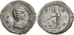 Roman Imperial Julia Domna, Augusta, 193-217. Quinarius (Silver, 16 mm, 1.49 g, 6 h), Rome, 207. IVL[IA] AVGVSTA Draped bust of Julia Domna to right. Rev. IVNO Juno standing front, head to left, holdi