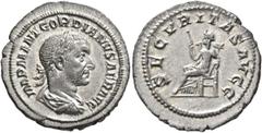 Roman Imperial Gordian I, 238. Denarius (Silver, 21 mm, 3.21 g, 12 h), Rome, March-April 238. IMP M ANT GORDIANVS AFR AVG Laureate, draped and cuirassed bust of Gordian I to right, seen from behind. R