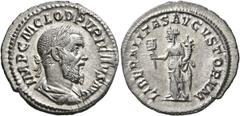 Roman Imperial Pupienus, 238. Denarius (Silver, 20 mm, 3.25 g, 12 h), Rome, circa April-June 238. IMP C M CLOD PVPIENVS AVG Laureate, draped and cuirassed bust of Pupienus to right, seen from behind. 