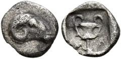 Greek THRACO-MACEDONIAN REGION. Uncertain. Circa 480-450 BC. Tetartemorion (Silver, 7 mm, 0.23 g, 10 h). Head of a ram to right. Rev. Kantharos within incuse square. Tzamalis 50. Rare. Very fine. From