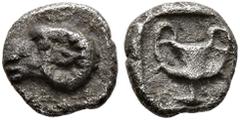 Greek THRACO-MACEDONIAN REGION. Uncertain. Circa 480-450 BC. Tetartemorion (Silver, 5 mm, 0.23 g, 1 h). Head of a ram to left. Rev. Kantharos within incuse square. Tzamalis 49. Rare and nicely toned. 