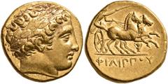 Greek KINGS OF MACEDON. Philip II, 359-336 BC. Stater (Gold, 18 mm, 8.61 g, 11 h), Pella, struck under Philip II or Alexander III, circa 340-328. Laureate head of Apollo to right. Rev. ΦΙΛΙΠΠOY Chario
