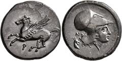 Greek CORINTHIA. Corinth. Circa 375-300 BC. Stater (Silver, 21 mm, 8.35 g, 7 h). Ϙ Pegasus flying left. Rev. Head of Athena to right, wearing Corinthian helmet; behind, monogram AN above head of a roo