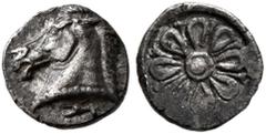 Greek AEOLIS. Kyme. Circa 480-450 BC. Tetartemorion (Silver, 6 mm, 0.20 g). Head of horse to left; below, astragalos. Rev. Stellate floral pattern within round incuse. Naumann 8 (2013), 137. Rosen -. 