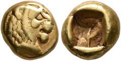Greek KINGS OF LYDIA. Alyattes II to Kroisos, circa 610-546 BC. Hemihekte – 1/12 Stater (Electrum, 7 mm, 1.15 g), Sardes. Head of a lion with sun and rays on its forehead to right. Rev. Incuse square 