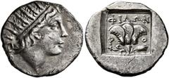 Greek ISLANDS OFF CARIA, Rhodos. Rhodes. Circa 88-84 BC. Drachm (Silver, 16 mm, 2.12 g, 12 h), ‘Plinthophoric’ coinage, Philon, magistrate. Radiate head of Helios to right. Rev. ΦIΛΩN / P-O Rose with 