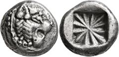 Greek DYNASTS OF LYCIA. Uncertain dynast, circa 500-480 BC. Stater (Silver, 17 mm, 9.06 g). Head of a lion to right. Rev. Star of twelve rays within square incuse. Müseler I,1 = SNG von Aulock 4041. R