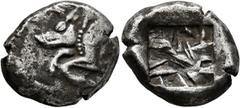 Greek DYNASTS OF LYCIA. Uncertain dynast, circa 500-480 BC. Stater (Silver, 20 mm, 9.42 g). Forepart of boar to left; on its shoulder, Lycian letters (?). Rev. Square incuse with irregular pattern. Mü