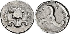Greek DYNASTS OF LYCIA. Trbbenimi, circa 390-370 BC. 1/3 Stater (Silver, 18 mm, 3.08 g). Facing lion's scalp. Rev. 𐊗[𐊕𐊂]-𐊂𐊙𐊏-𐊆𐊎𐊆 ('Trbbãnimi' in Lycian) Triskeles. BMC 147. Müseler VIII, 24. 