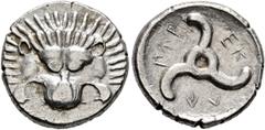 Greek DYNASTS OF LYCIA. Perikles, circa 380-360 BC. 1/3 Stater (Silver, 16 mm, 2.78 g). Facing lion's scalp. Rev. 𐊓𐊁𐊕-𐊆𐊋-𐊍𐊁 ('Perikle' in Lycian) Triskeles. BMC 157. Müseler VIII, 49. SNG von A