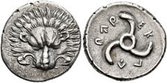 Greek DYNASTS OF LYCIA. Perikles, circa 380-360 BC. 1/3 Stater (Silver, 16 mm, 2.69 g). Facing lion's scalp. Rev. 𐊓𐊁𐊕-𐊆𐊋-𐊍𐊁 ('Perikle' in Lycian) Triskeles. BMC 157. Müseler VIII, 49. SNG von A