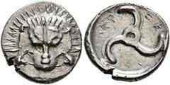Greek DYNASTS OF LYCIA. Perikles, circa 380-360 BC. 1/3 Stater (Silver, 17 mm, 2.89 g). Facing lion's scalp. Rev. 𐊓𐊁𐊕-𐊆𐊋-𐊍𐊁 ('Perikle' in Lycian) Triskeles. BMC 157. Müseler VIII, 49. SNG von A
