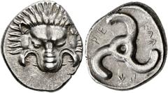 Greek DYNASTS OF LYCIA. Perikles, circa 380-360 BC. 1/3 Stater (Silver, 16 mm, 2.79 g). Facing lion's scalp. Rev. 𐊓𐊁-𐊕𐊆-𐊋𐊍𐊁 ('Perikle' in Lycian) Triskeles. BMC 157 var. (differing legend arran