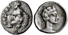 Greek CILICIA. Tarsos. Tiribazos , satrap of Lydia, 388-380 BC. Obol (Silver, 10 mm, 0.50 g, 3 h). Female kneeling left, casting astragaloi. Rev. Head of young male to right. Casabonne K2. SNG Levante