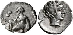Greek CILICIA. Tarsos. Tiribazos , satrap of Lydia, 388-380 BC. Obol (Silver, 10 mm, 0.30 g, 9 h). Female kneeling left, casting astragaloi. Rev. Head of young male to right. Casabonne K2. SNG Levante