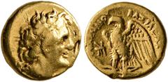 Greek PTOLEMAIC KINGS OF EGYPT. Ptolemy I Soter, 305-282 BC. Triobol (Gold, 10 mm, 1.76 g, 1 h), Alexandreia. Bust of Ptolemy I to right, wearing diadem and aegis around his neck. Rev. ΒΑΣΙΛΕΩΣ ΠTΟΛΕΜ