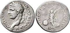 Roman Imperial Vitellius, 69. Denarius (Silver, 18 mm, 3.43 g, 6 h), uncertain western mint (Tarraco?). A VITELLIVS IMP GERMAN Laureate head of Vitellius to left, globe at point of bust. Rev. VICTORIA