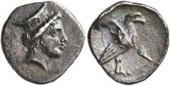 Greek ELIS. Olympia. 108th-11th Olympiad, 348-340 BC. Obol (Silver, 11 mm, 0.94 g, 1 h). Head of Hera to right, wearing stephane. Rev. F Eagle standing right. BCD Olympia 180 (this coin). Seltman pl. 