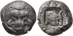 Greek ISLANDS OFF IONIA, Samos. Circa 489/8-482/1 BC. Tetradrachm (Silver, 18 mm, 12.39 g). Facing scalp of a lion. Rev. Head of an ox to right within incuse square. Asyut 648. Barron Class I. Very ra