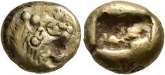 Greek KINGS OF LYDIA. Alyattes II to Kroisos, circa 610-546 BC. Trite (Electrum, 12 mm, 4.69 g), Sardes. Head of a lion with sun and rays on its forehead to right. Rev. Two incuse squares, one larger 
