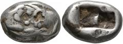 Greek KINGS OF LYDIA. Kroisos, circa 560-546 BC. Siglos (Silver, 16 mm, 5.28 g), Sardes. Confronted foreparts of a lion and a bull. Rev. Two incuse squares, one larger than the other. Rosen 663. SNG K