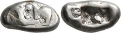 Greek KINGS OF LYDIA. Kroisos, circa 560-546 BC. Siglos (Silver, 18 mm, 5.31 g), Sardes. Confronted foreparts of a lion and a bull. Rev. Two incuse squares, one larger than the other; to left, small c