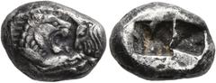 Greek KINGS OF LYDIA. Kroisos, circa 560-546 BC. 1/3 Stater (Silver, 13 mm, 3.67 g), Sardes. Confronted foreparts of a lion and a bull. Rev. Two incuse squares, one larger than the other. Berk 24. SNG