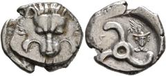 Greek DYNASTS OF LYCIA. Perikles, circa 380-360 BC. 1/3 Stater (Silver, 18 mm, 3.06 g, 6 h). Facing lion's scalp. Rev. [𐊓𐊁-𐊕𐊆]-𐊋𐊍-𐊁 ('Perikle' in Lycian) Triskeles; to right, facing head of Her