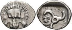Greek DYNASTS OF LYCIA. Perikles, circa 380-360 BC. 1/3 Stater (Silver, 15-16 mm, 3.00 g). Facing lion's scalp. Rev. 𐊓𐊁[𐊕]-𐊆𐊋𐊍𐊁 ('Perikle' in Lycian) Triskeles; to left, draped bust of female f