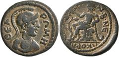 Roman Provincial LYDIA. Sardis. Pseudo-autonomous issue. Hemiassarion (Bronze, 20 mm, 4.08 g, 6 h), time of the Severans, 193-235. ΘЄA PΩMH Draped bust of Roma to right, wearing crested Attic helmet. 