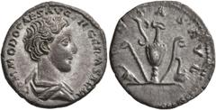 Roman Imperial Commodus, as Caesar, 166-177. Denarius (Silver, 18 mm, 3.05 g, 11 h), Rome, 175-176. COMMODO CAES AVG FIL GERM SARM Bare-headed and draped bust of Commodus to right. Rev. PIETAS AVG Ses