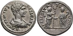 Roman Imperial Geta, as Caesar, 198-209. Denarius (Silver, 18 mm, 3.34 g, 1 h), Laodicea, 198-200. L SEPTIMIVS GETA CAES Bare-headed and draped bust of Geta to right, seen from behind; below bust, •. 