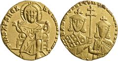 Byzantine Basil I the Macedonian, with Constantine, 867-886. Solidus (Gold, 18 mm, 3.77 g, 7 h), Constantinopolis, circa 871-886. IҺS XRS RЄX RЄGNANTIЧM✱ Christ, nimbate, seated facing, wearing chiton